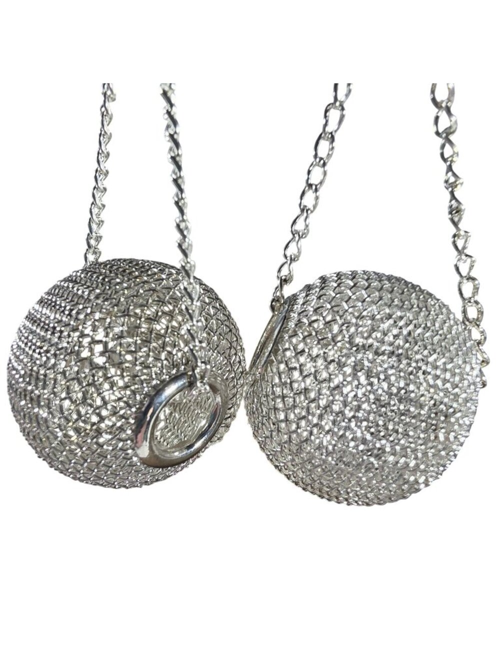 Silver tone Mesh Ball Drop Earrings Chain statement disco retro Dangle jewelry
